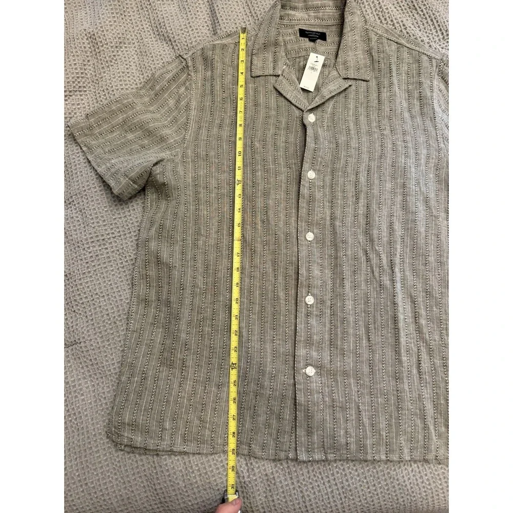 Banana Republic Linen Blend Button Down Camp Collar Shirt Grey Stripes Size L